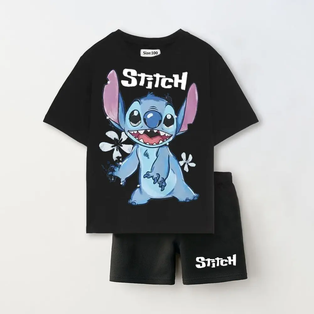 2Pcs  Summer Child Csotume Mickey Stitch TShirt+Shorts Set Casual Sports Clothes Trendy Short Sleeve Outfits Outer Wear For Kids