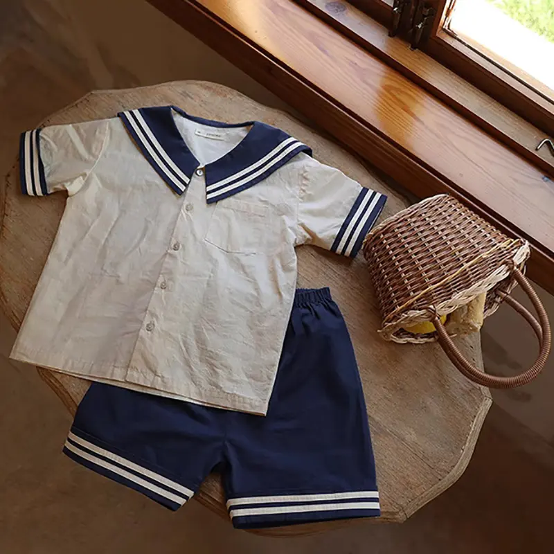2Pcs Baby Clothes Boy Sets Navy Uniform Toddler Kids Clothes Sets Summer Baby Girls Clothes