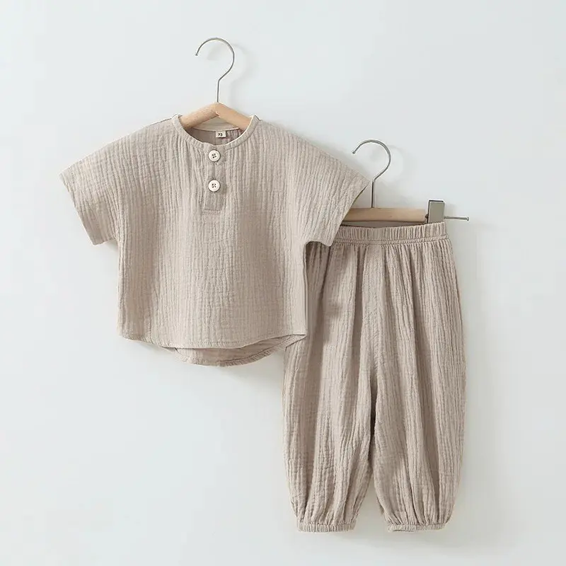 Summer Organic Cotton Baby Sets Solid Color Breathable Boy Short Sleeve Tshirt + Pant Casual Toddler Boy Outfits