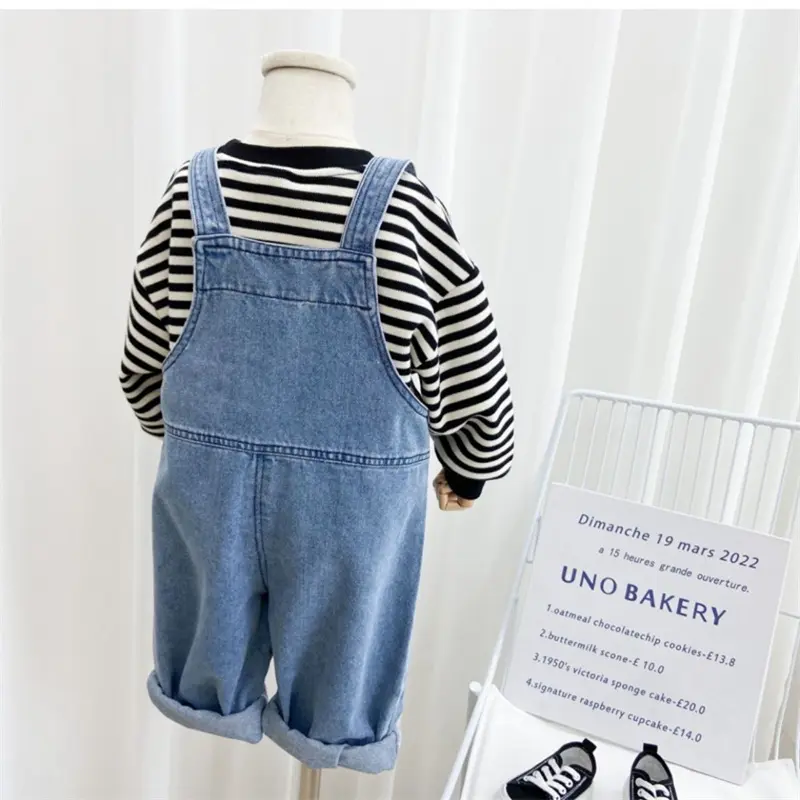 2024 Children's Backpack Pants Boys Solid Color Denim Jumpsuit Spring Autumn New Girls Simple Casual Fashion Trousers 2-8 Years