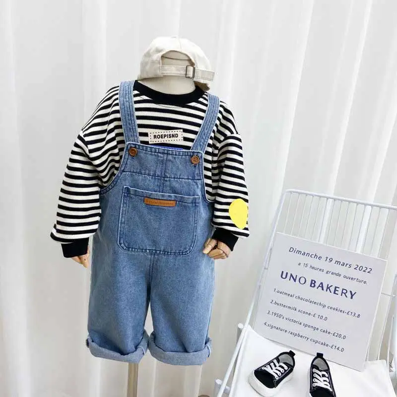 2024 Children's Backpack Pants Boys Solid Color Denim Jumpsuit Spring Autumn New Girls Simple Casual Fashion Trousers 2-8 Years