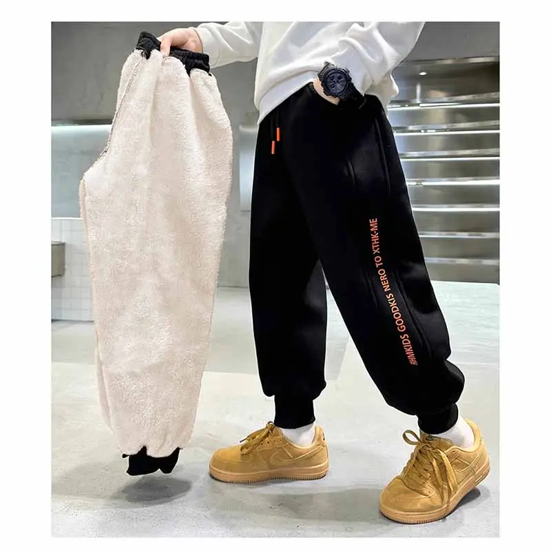 Boys Plus Velvet Pants Kids Thick Trousers Winter Warm Padded Sweatpants New Children's Fashion Casual Bottoms 5-14 Years