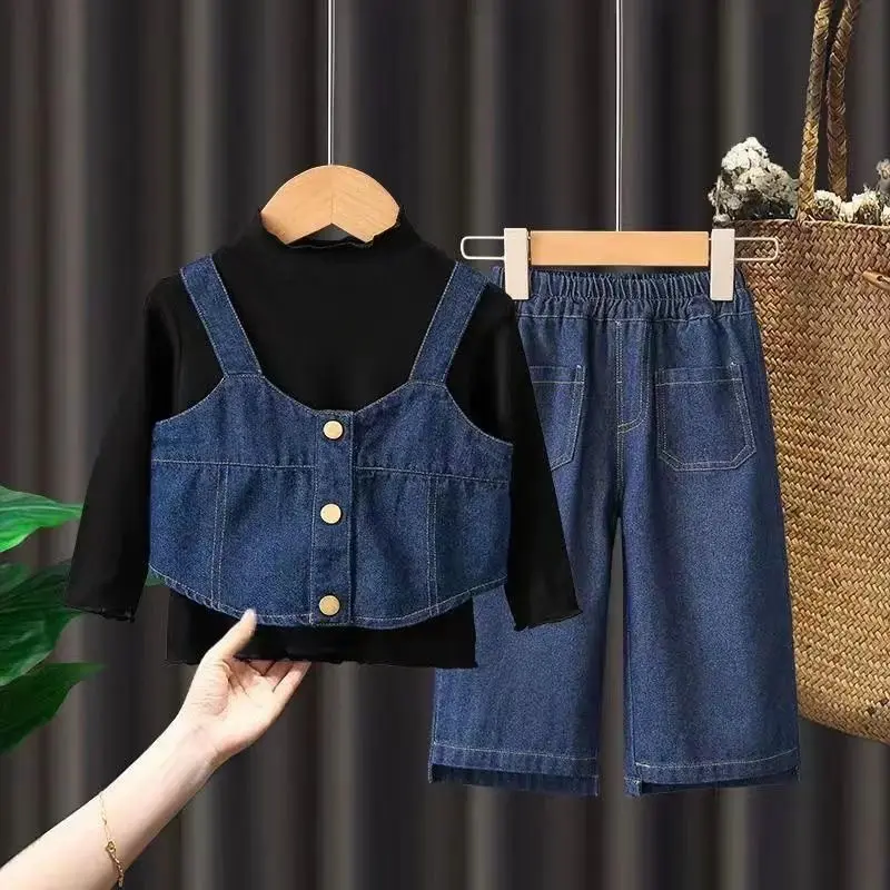 Girls Denim Strappy Sets Baby Fashion Casual Suit Spring Autumn New Children's Long-Sleeved Sweet Three-Piece 12M-4 Years Old