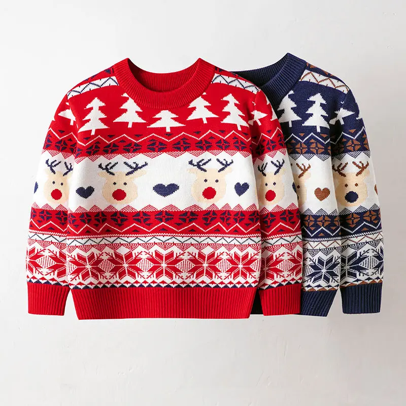 Boys Christmas Sweater Children Warm Pullover Girls Cartoon Knitted Autumn Winter Cotton Jumper New Kid Round Neck Casual Clothe