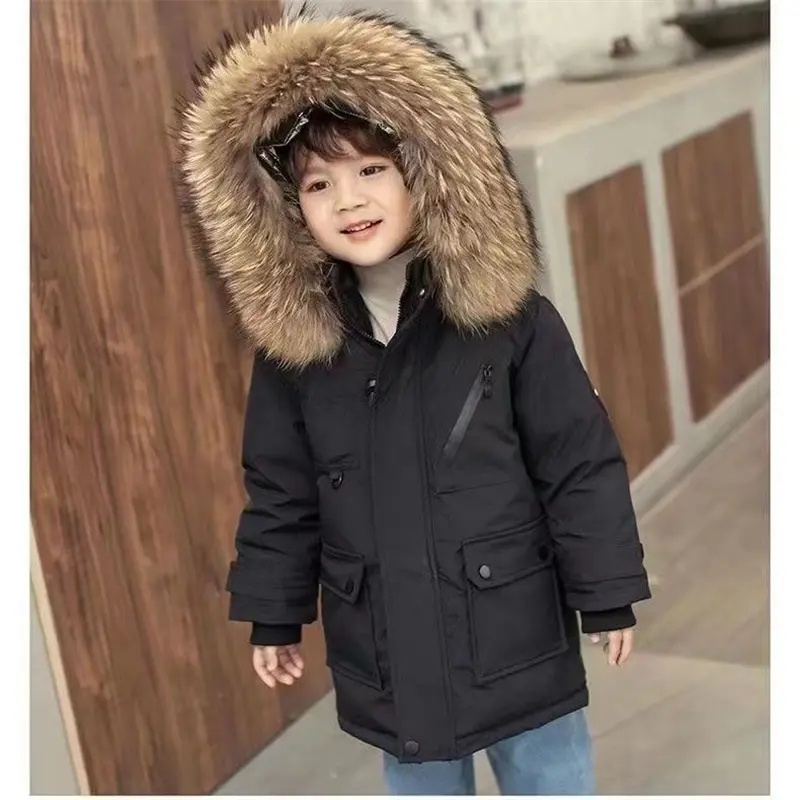 New Winter Warm Coat Boys Thicken Jackets Children's Hooded Cotton Outerwear 2025 New Teenagers Large Fur Collar Clothing