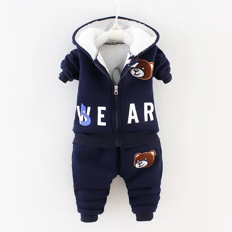 2024 Winter Baby Boys Girls Clothing Sets Autumn Cotton Thick Warm Hooded Sweater Cartoon Cute Bear Three-Piece Kids Suit 0-5Y