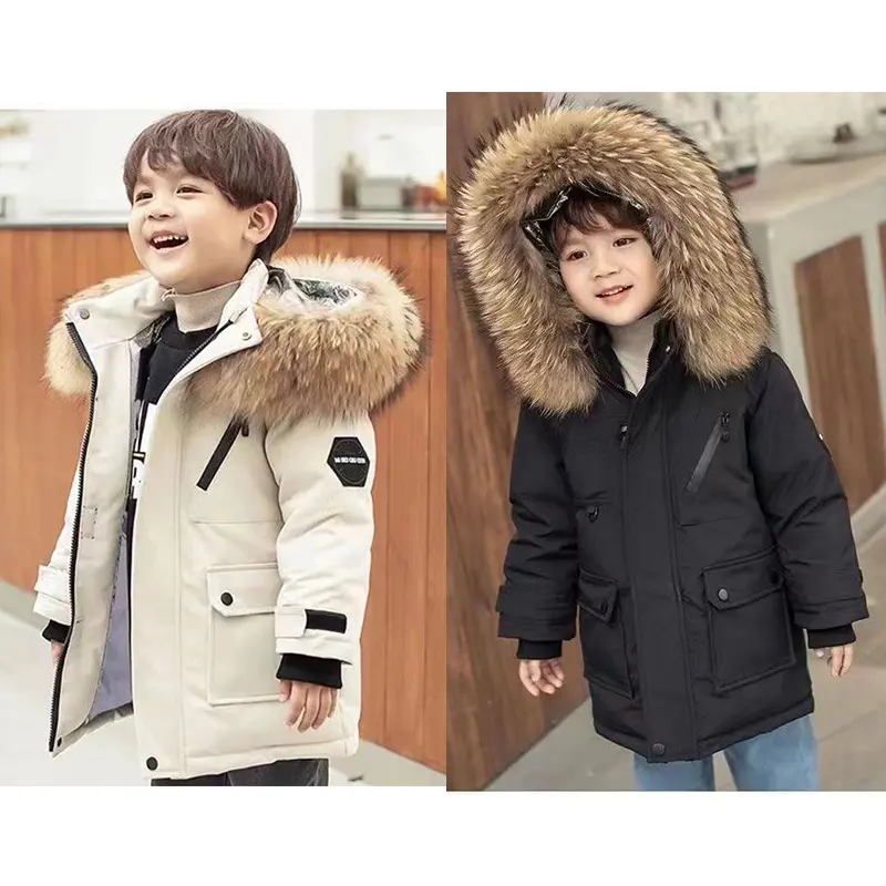 New Winter Warm Coat Boys Thicken Jackets Children's Hooded Cotton Outerwear 2025 New Teenagers Large Fur Collar Clothing