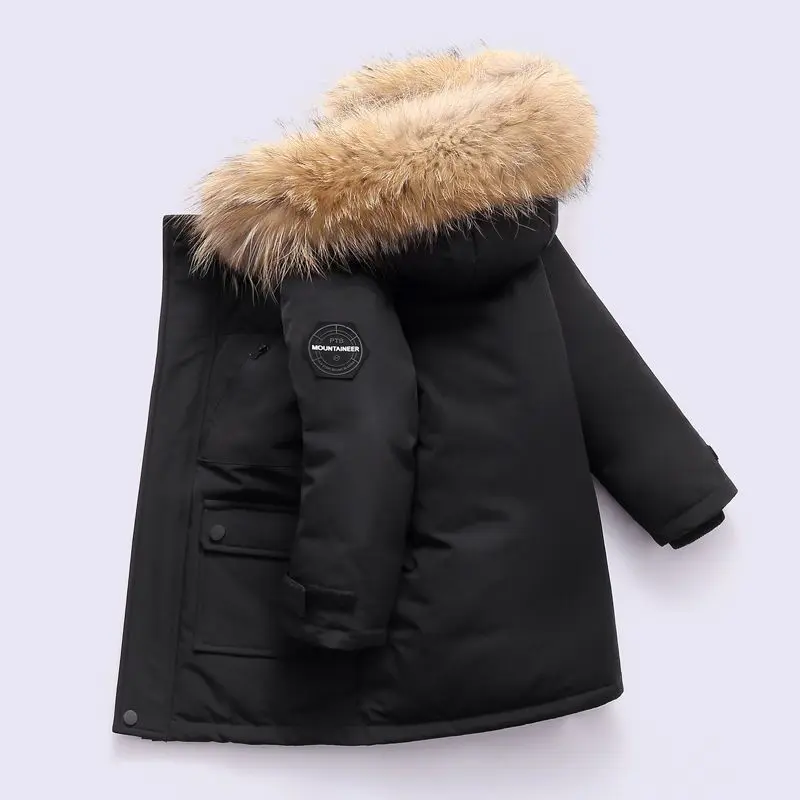 New Winter Warm Coat Boys Thicken Jackets Children's Hooded Cotton Outerwear 2025 New Teenagers Large Fur Collar Clothing