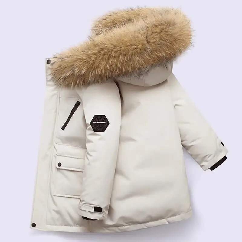 Boys Thickened Coat Thicken Winter Warm Jackets Children's Hooded Cotton Outerwear New Teenagers Large Fur Collar Clothing