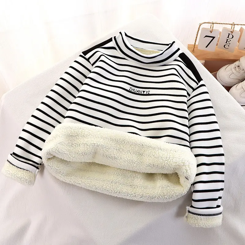 2024 Girls Baby Striped Bottom Shirt Children's Padded Warm Tops Autumn Winter New Boys High Neck Letter Sweater 12M-12 Years