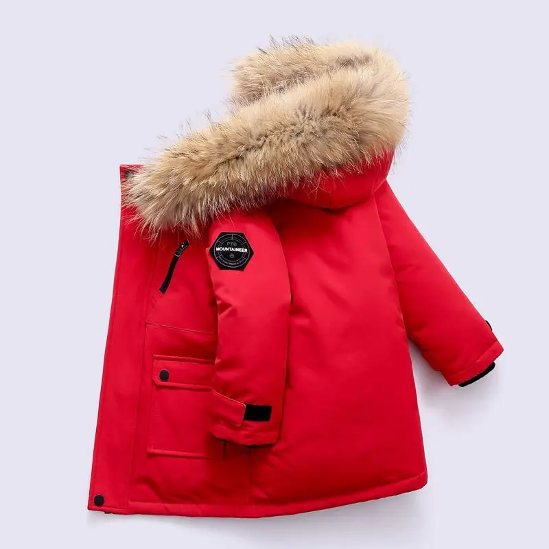 New Winter Warm Coat Boys Thicken Jackets Children's Hooded Cotton Outerwear 2025 New Teenagers Large Fur Collar Clothing