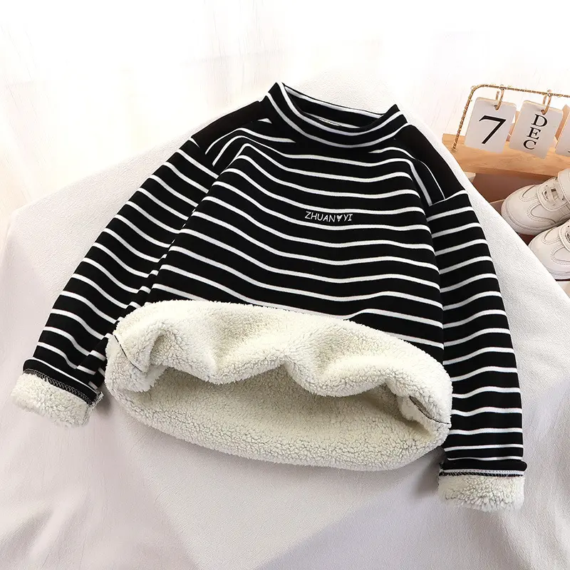 2024 Girls Baby Striped Bottom Shirt Children's Padded Warm Tops Autumn Winter New Boys High Neck Letter Sweater 12M-12 Years