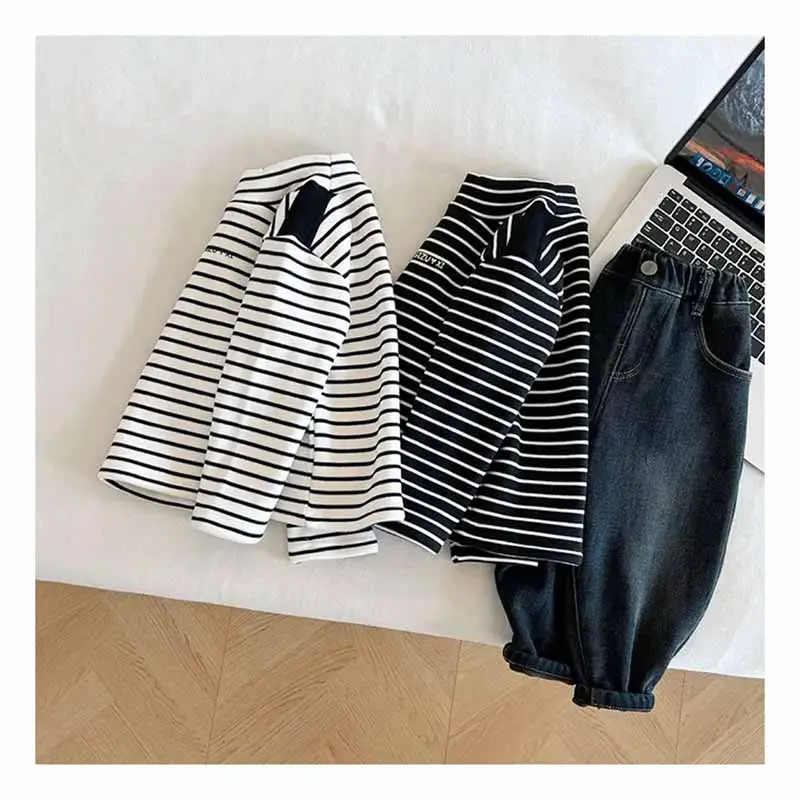 2024 Girls Baby Striped Bottom Shirt Children's Padded Warm Tops Autumn Winter New Boys High Neck Letter Sweater 12M-12 Years