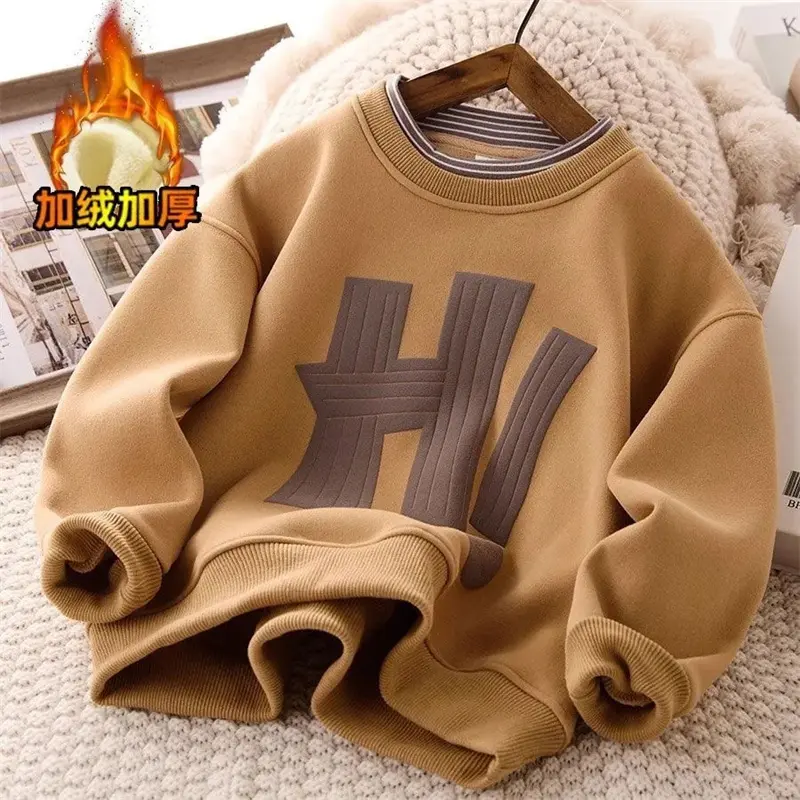 Winter Fleece Sweatshirt Boys Padded Coat Children Plus Velvet Outerwear New Teen Tops Autumn Warm Casual Clothes 5-14 Years Old