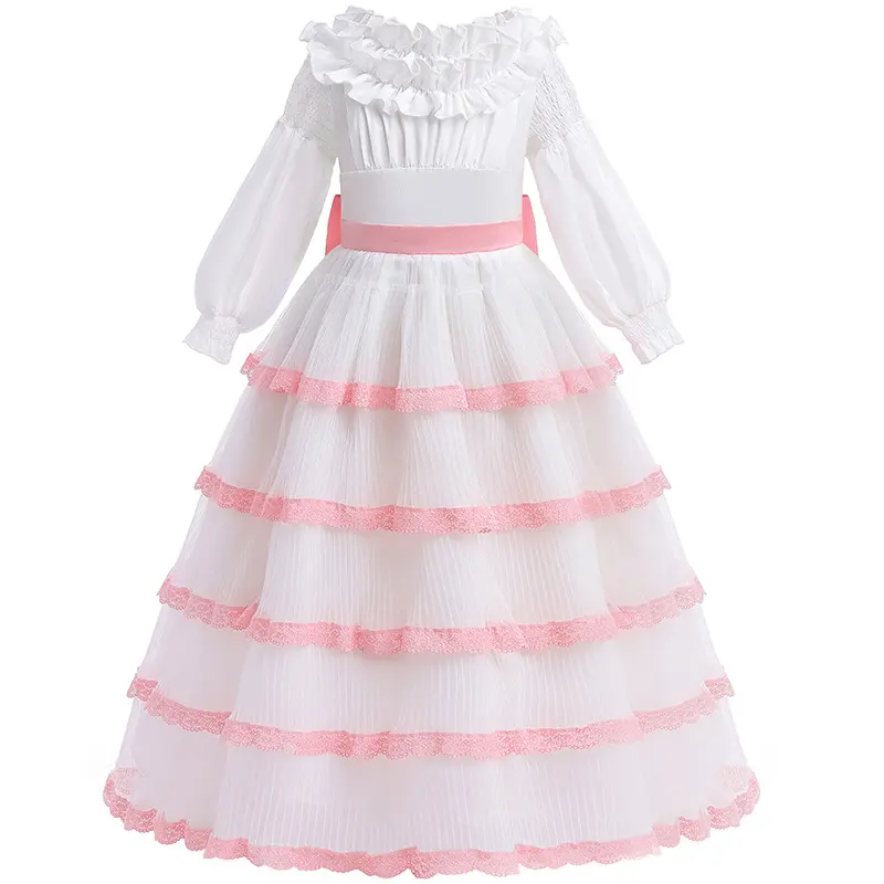 Girls Casual Dresses Children's Bow Princess Dress Summer Sweet Cute Frock Kids Long Sleeve Cake Costume Baby Party Mesh Skirts