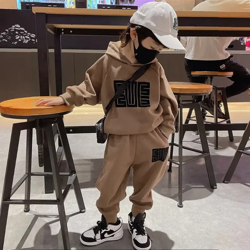New Boys Sets Autumn Warm Hooded Suit Spring Kids Letters Sweater Pants 2Pcs Children Loose Casual Fashion Outfit 4-12Years