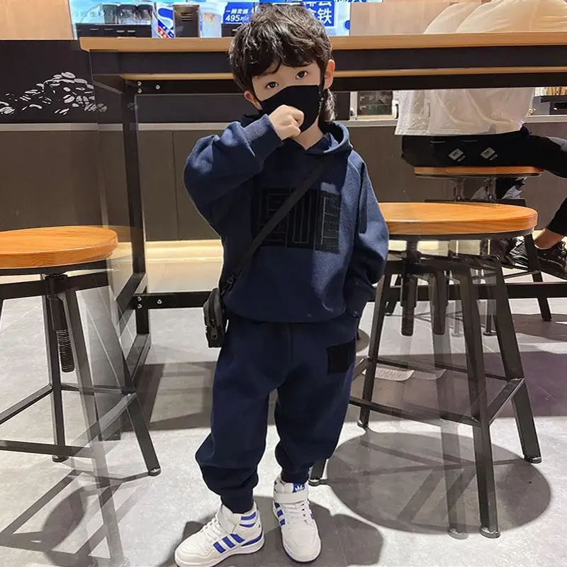 New Boys Sets Autumn Warm Hooded Suit Spring Kids Letters Sweater Pants 2Pcs Children Loose Casual Fashion Outfit 4-12Years