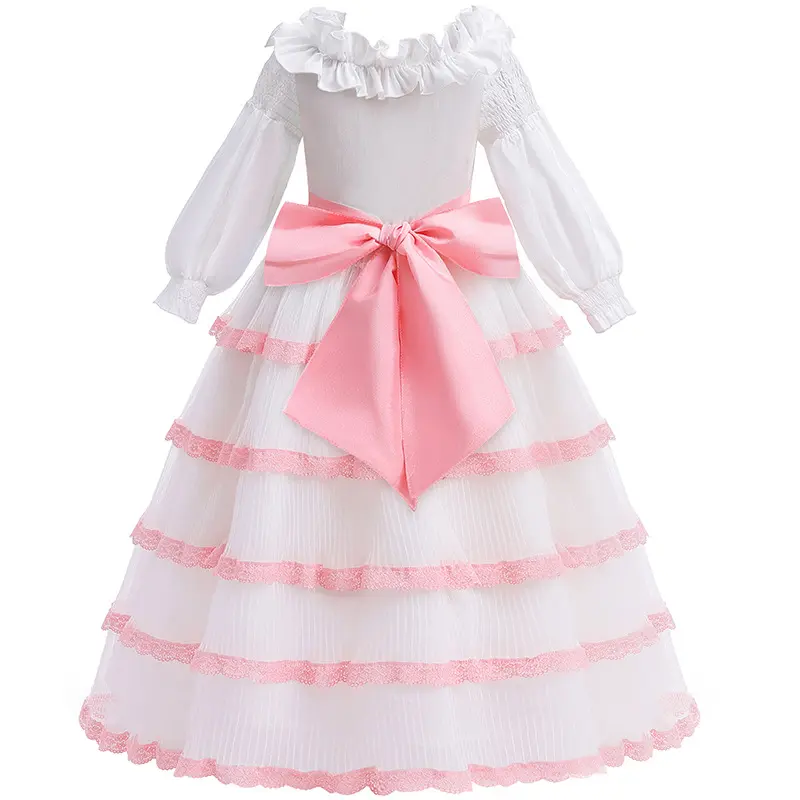 Girls Casual Dresses Children's Bow Princess Dress Summer Sweet Cute Frock Kids Long Sleeve Cake Costume Baby Party Mesh Skirts