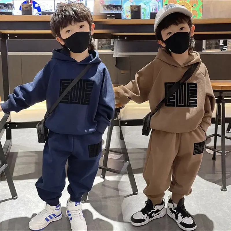 New Boys Sets Autumn Warm Hooded Suit Spring Kids Letters Sweater Pants 2Pcs Children Loose Casual Fashion Outfit 4-12Years