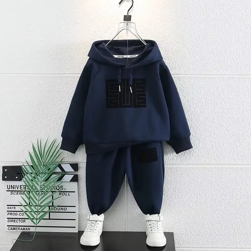 New Boys Sets Autumn Warm Hooded Suit Spring Kids Letters Sweater Pants 2Pcs Children Loose Casual Fashion Outfit 4-12Years