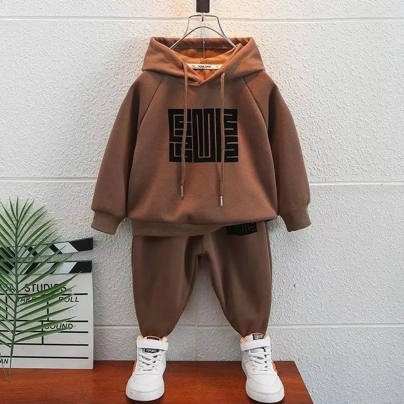 New Boys Sets Autumn Warm Hooded Suit Spring Kids Letters Sweater Pants 2Pcs Children Loose Casual Fashion Outfit 4-12Years