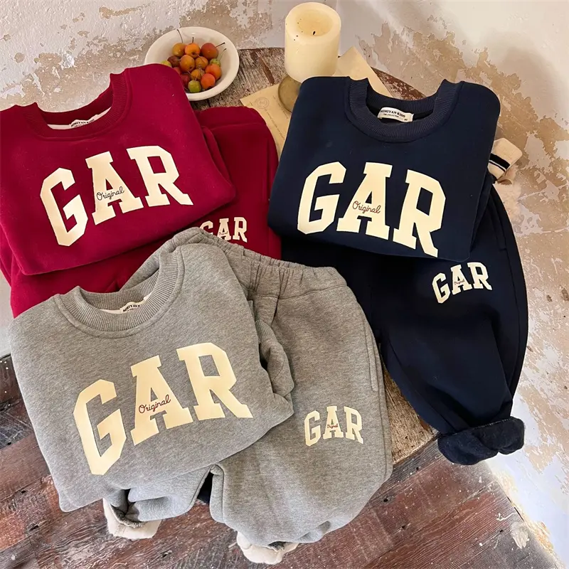 New Boys Padded Sets Girls Warm Fashion Casual Suit Autumn Winter Children's Letters Sweater Solid Color Sweatpants 2Pcs 3-8Y