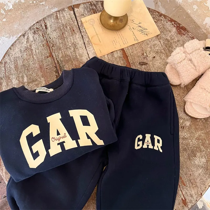 New Boys Padded Sets Girls Warm Fashion Casual Suit Autumn Winter Children's Letters Sweater Solid Color Sweatpants 2Pcs 3-8Y