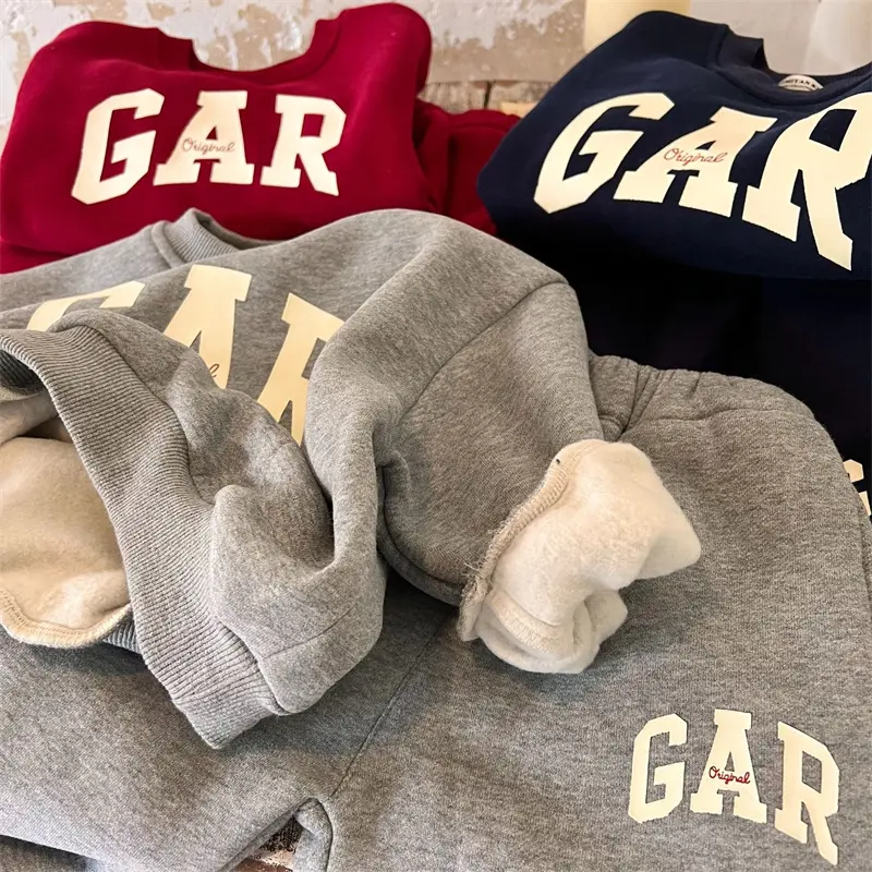 New Boys Padded Sets Girls Warm Fashion Casual Suit Autumn Winter Children's Letters Sweater Solid Color Sweatpants 2Pcs 3-8Y