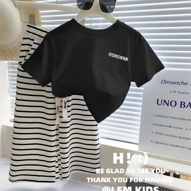 Summer Clothes Suit Girls Sweet Sets Baby Children Letters Short Sleeve Top Striped Wide Leg Pants 2 Pcs New Kids Casual Outfit