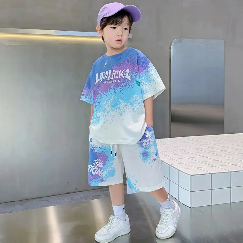 Boys Clothes Sets Summer Short-Sleeved Sports Suit New Children's Gradient Fashion Basketball Uniform T-Shirt Shorts 2 Pieces