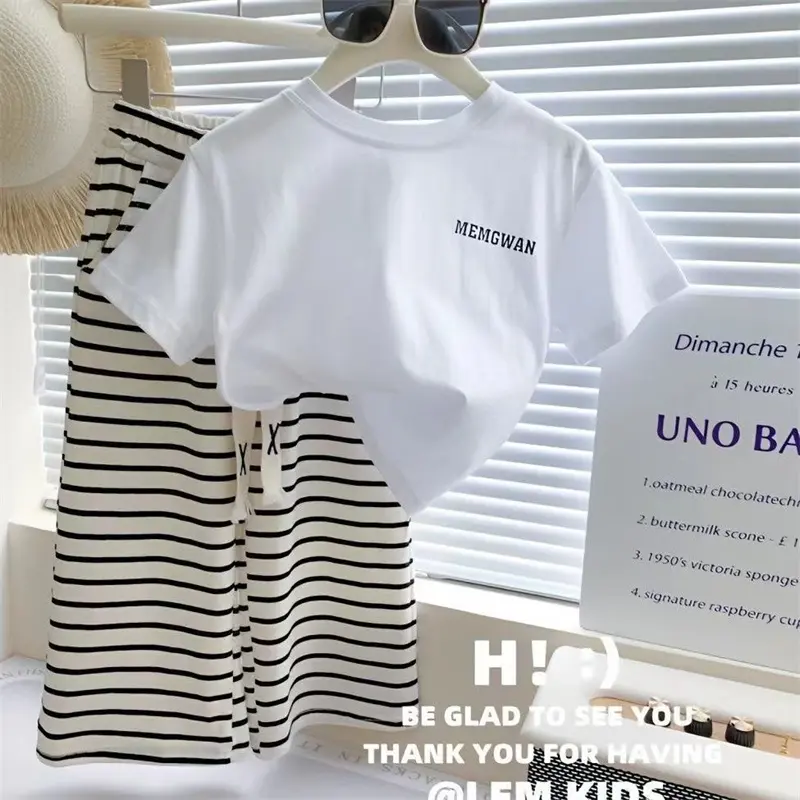 Summer Clothes Suit Girls Sweet Sets Baby Children Letters Short Sleeve Top Striped Wide Leg Pants 2 Pcs New Kids Casual Outfit