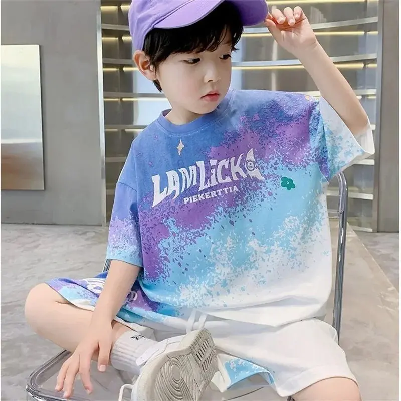 Boys Clothes Sets Summer Short-Sleeved Sports Suit New Children's Gradient Fashion Basketball Uniform T-Shirt Shorts 2 Pieces