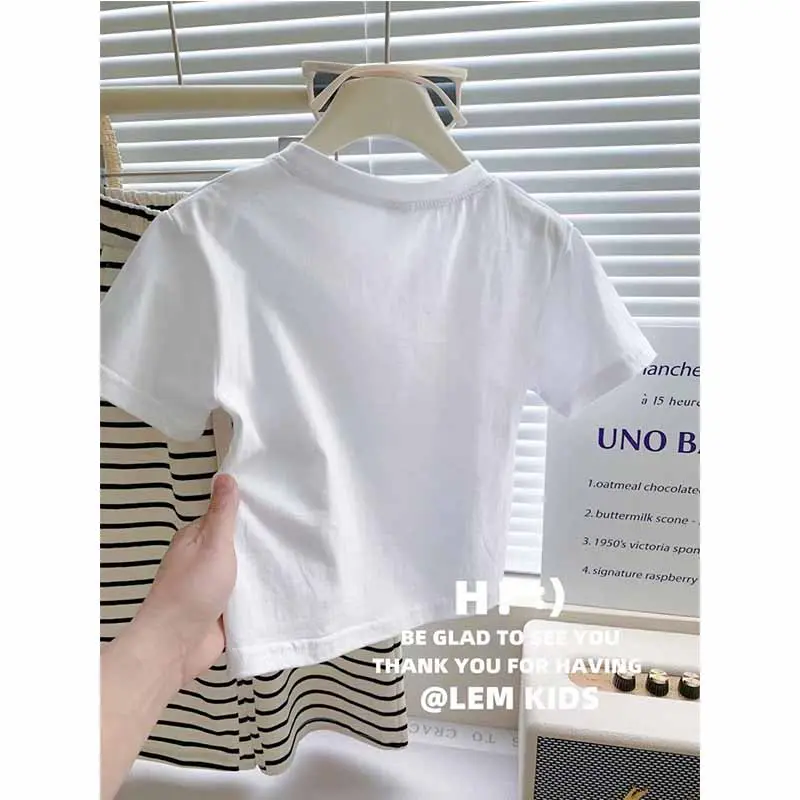 Summer Clothes Suit Girls Sweet Sets Baby Children Letters Short Sleeve Top Striped Wide Leg Pants 2 Pcs New Kids Casual Outfit