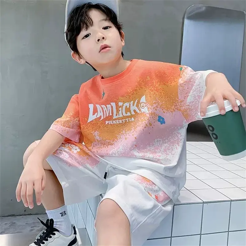 Boys Clothes Sets Summer Short-Sleeved Sports Suit New Children's Gradient Fashion Basketball Uniform T-Shirt Shorts 2 Pieces