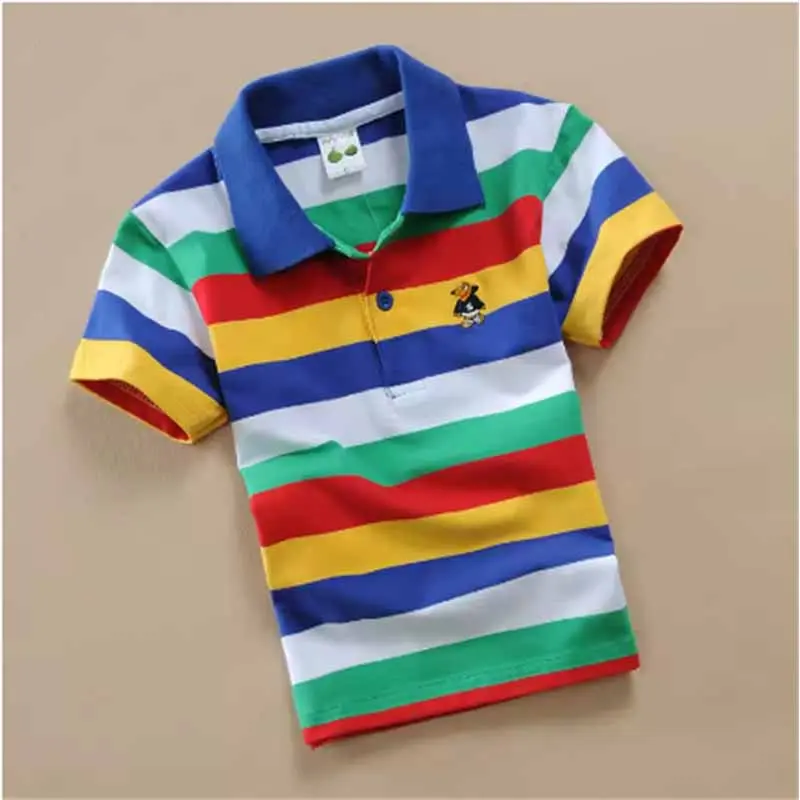 Boys T-shirt Summer Children Short Sleeve Stripe Blouse Kids Cartoon Bear Embroidery Tops Teens Breathable Shirt Baby Clothes