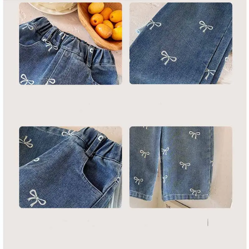 Girls Bow Jeans Children Sweet Pants Spring New Casual Trousers Autumn 2025 Kids Loose Fashion Straight Trousers 12M-6 Years Old