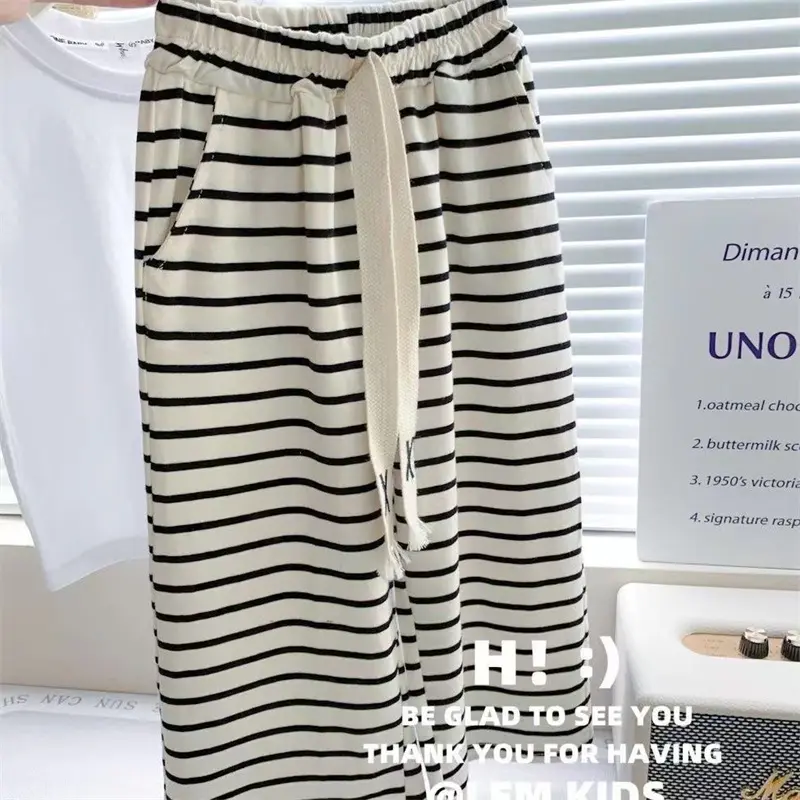 Summer Clothes Suit Girls Sweet Sets Baby Children Letters Short Sleeve Top Striped Wide Leg Pants 2 Pcs New Kids Casual Outfit