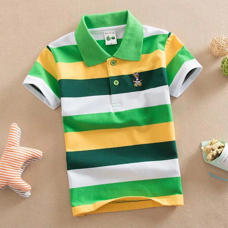 Boys T-shirt Summer Children Short Sleeve Stripe Blouse Kids Cartoon Bear Embroidery Tops Teens Breathable Shirt Baby Clothes