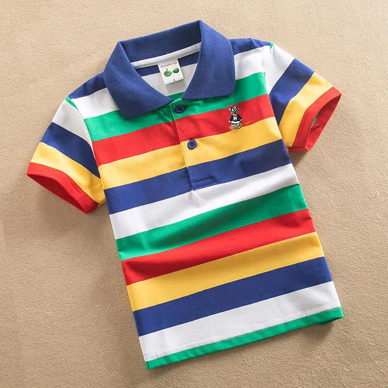 Boys T-shirt Summer Children Short Sleeve Stripe Blouse Kids Cartoon Bear Embroidery Tops Teens Breathable Shirt Baby Clothes