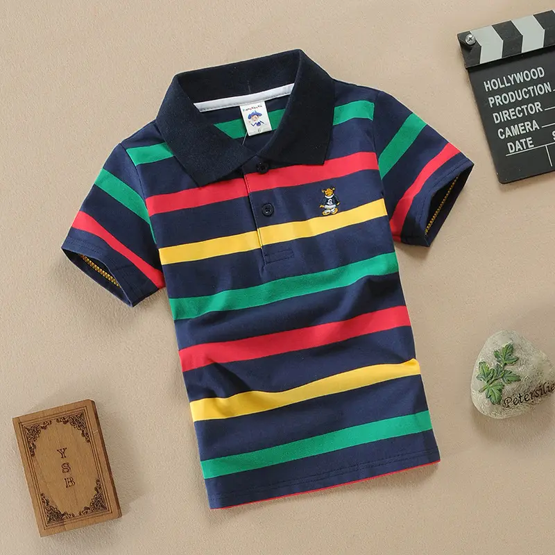 Boys T-shirt Summer Children Short Sleeve Stripe Blouse Kids Cartoon Bear Embroidery Tops Teens Breathable Shirt Baby Clothes