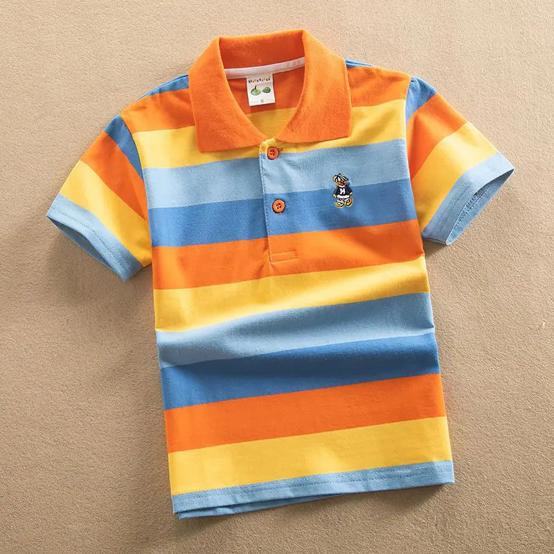 Boys T-shirt Summer Children Short Sleeve Stripe Blouse Kids Cartoon Bear Embroidery Tops Teens Breathable Shirt Baby Clothes