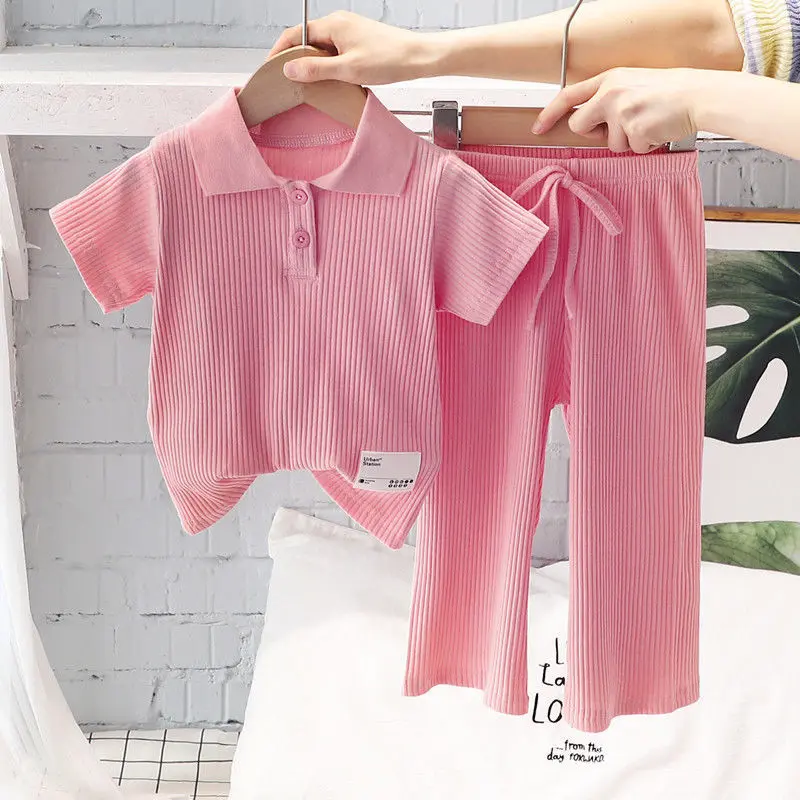 Girls Fashion Set Baby Lapel Pit Stripes Short Sleeve Pants Suit Summer 2024 New Children's Casual Comfortable Sports 2 Pcs 2-8Y