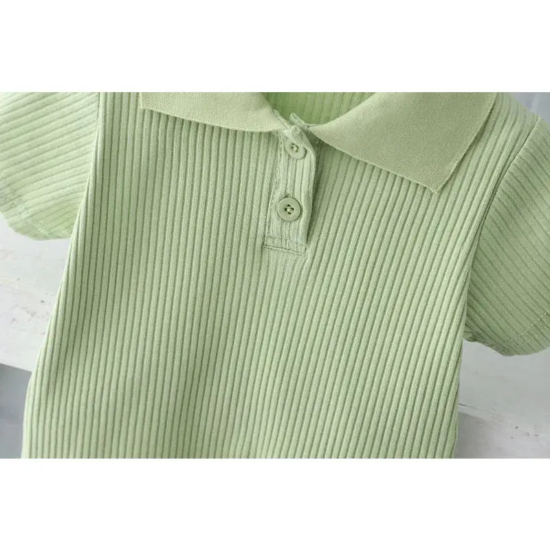 Girls Fashion Set Baby Lapel Pit Stripes Short Sleeve Pants Suit Summer 2024 New Children's Casual Comfortable Sports 2 Pcs 2-8Y