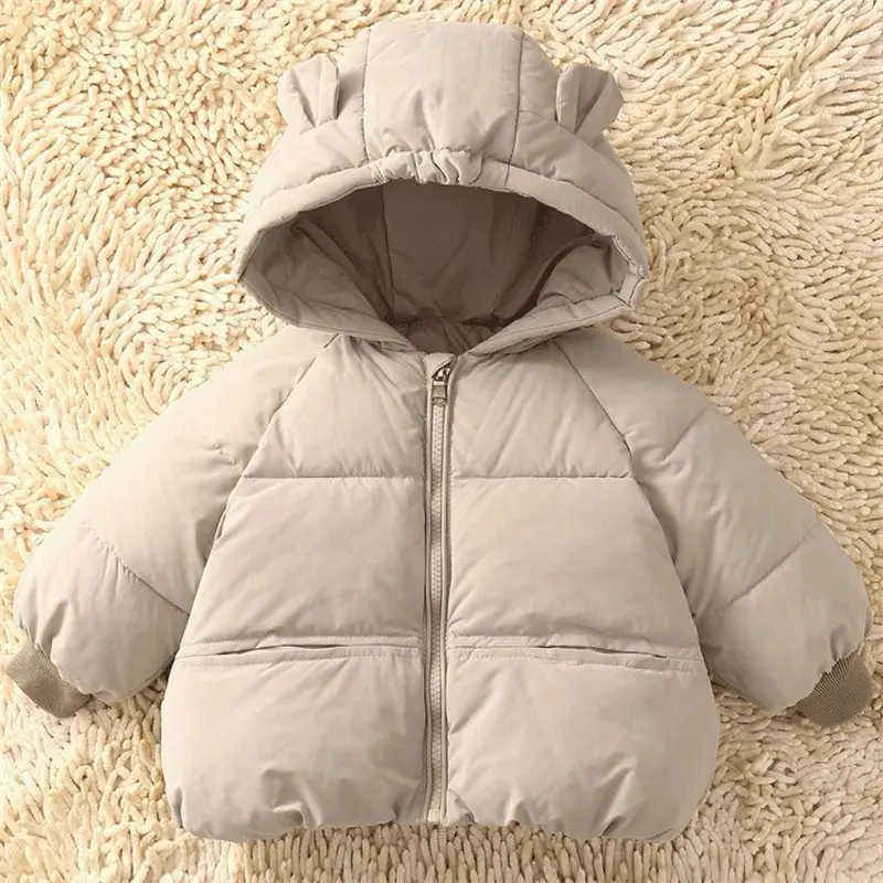 2024 New Baby Coat Winter Thickened Down Jackets Girls Boys Plush Warm Outerwear Childrens Solid Hooded Cotton Parkas Snowsuit