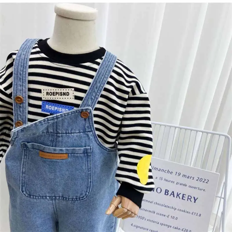 Boys Backpack Pants Children's Solid Color Denim Jumpsuit Spring Autumn New Girls Simple Casual Fashion Trousers 2-8 Years