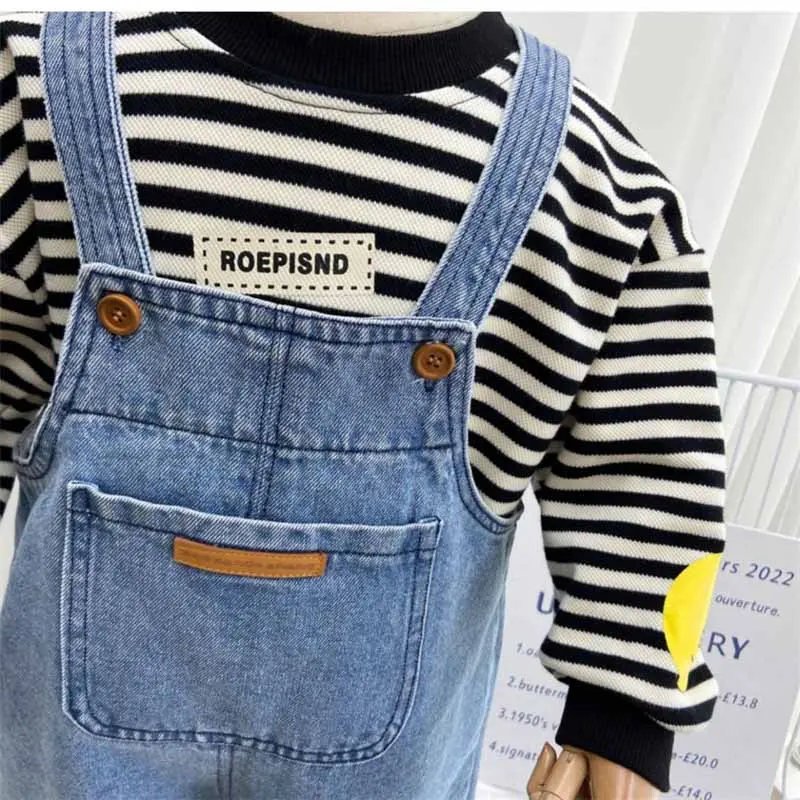 Boys Backpack Pants Children's Solid Color Denim Jumpsuit Spring Autumn New Girls Simple Casual Fashion Trousers 2-8 Years