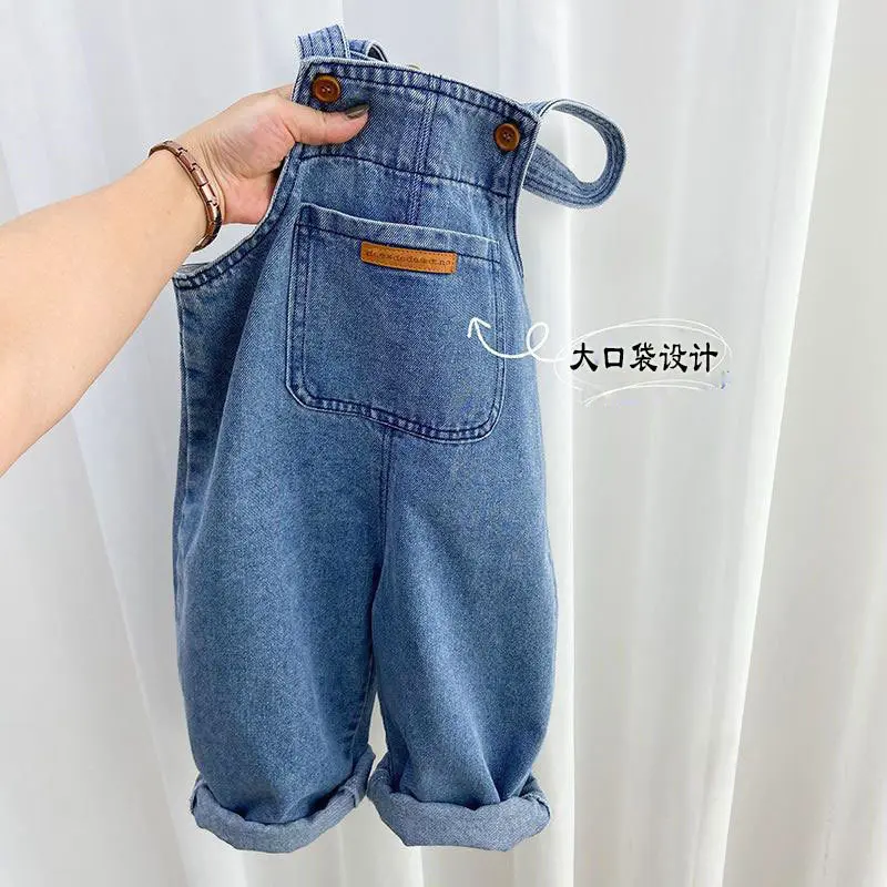 Boys Backpack Pants Children's Solid Color Denim Jumpsuit Spring Autumn New Girls Simple Casual Fashion Trousers 2-8 Years