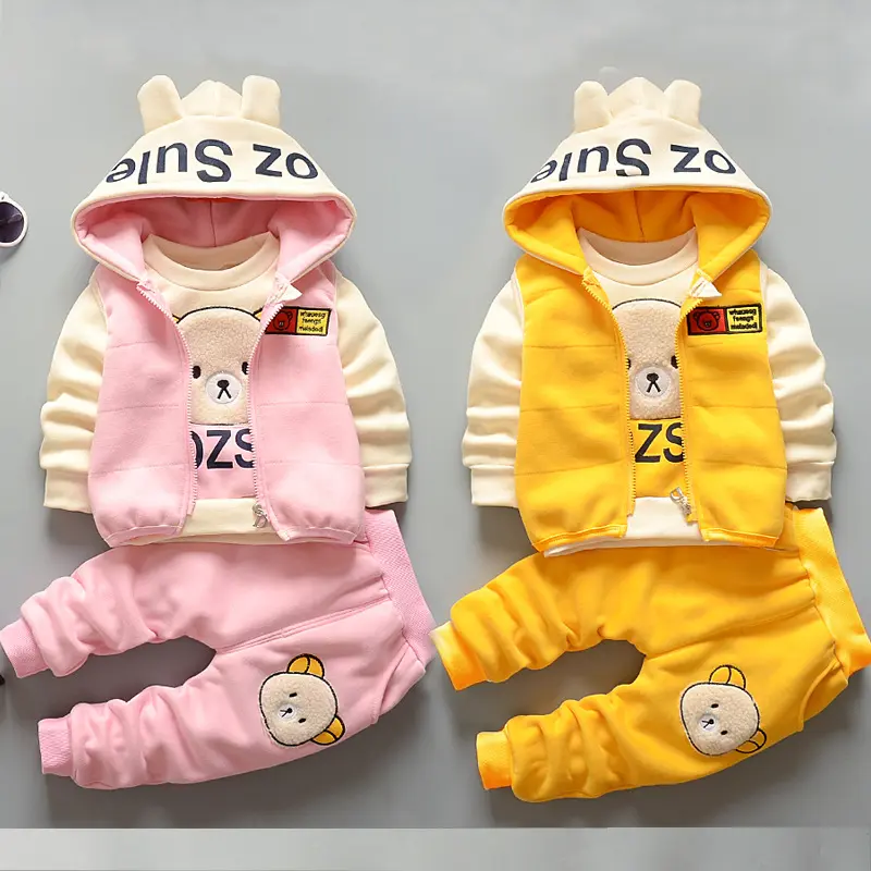2024 Boys Set Girls Cotton Thick Warm Casual Hooded Sweater Suit Autumn Winter Children Cartoon Cute Bear Three-Piece 0-5Y