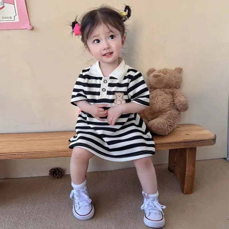 Girls Dresses Children Striped Dress Summer Kids Cartoon Cute Costume New Baby Sweet Casual A-Line Frock 2-10 Years Old