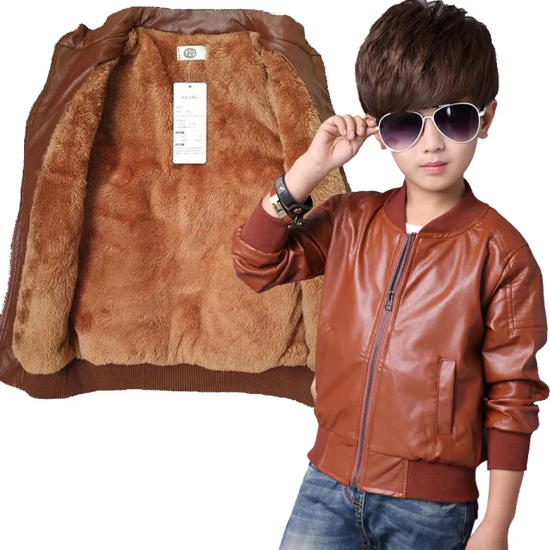 Boys Plus Velvet Leather Jackets Kids Girls Thick Coat Autumn Winter Fashion Clothing Children's Warm PU Leather Outerwear 2-14Y